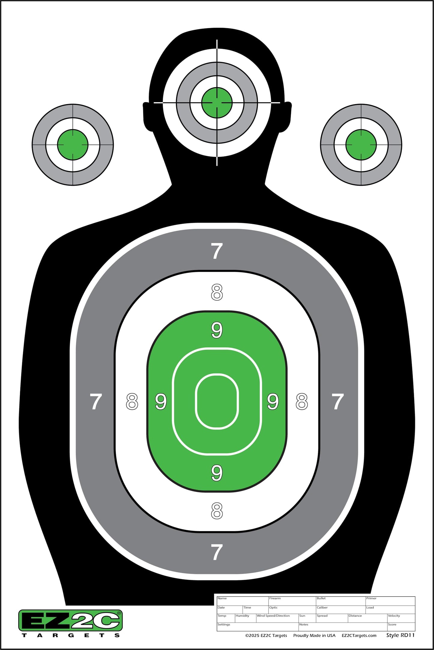 100 EZ2C 12"x18" Green Silhouette Paper Shooting Target, Premium USA Made Peel-Off Pad of 100