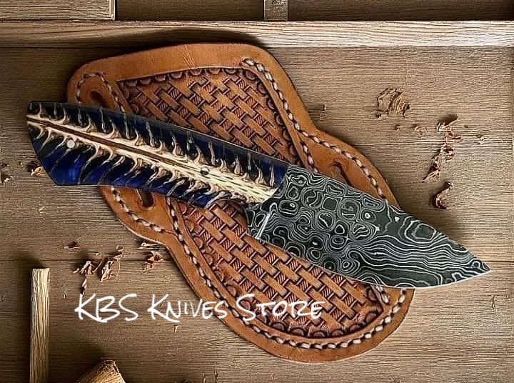 Handmade Duty Belt Knife 8" with Blue Resin Handle