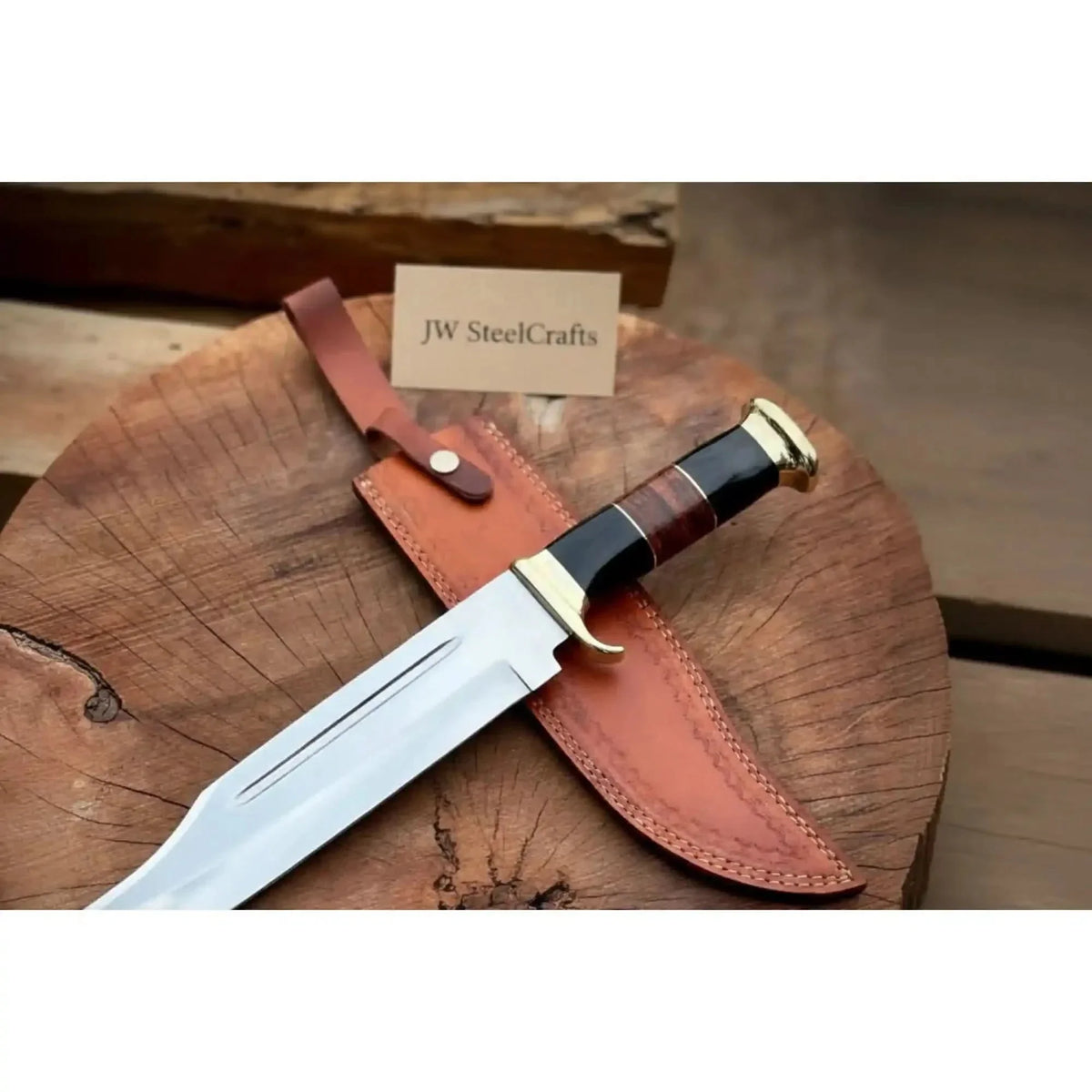 Handmade Dundee Bowie Knife -Carbon Steel Blade with resin and leather stacked Handle & Leather Sheath