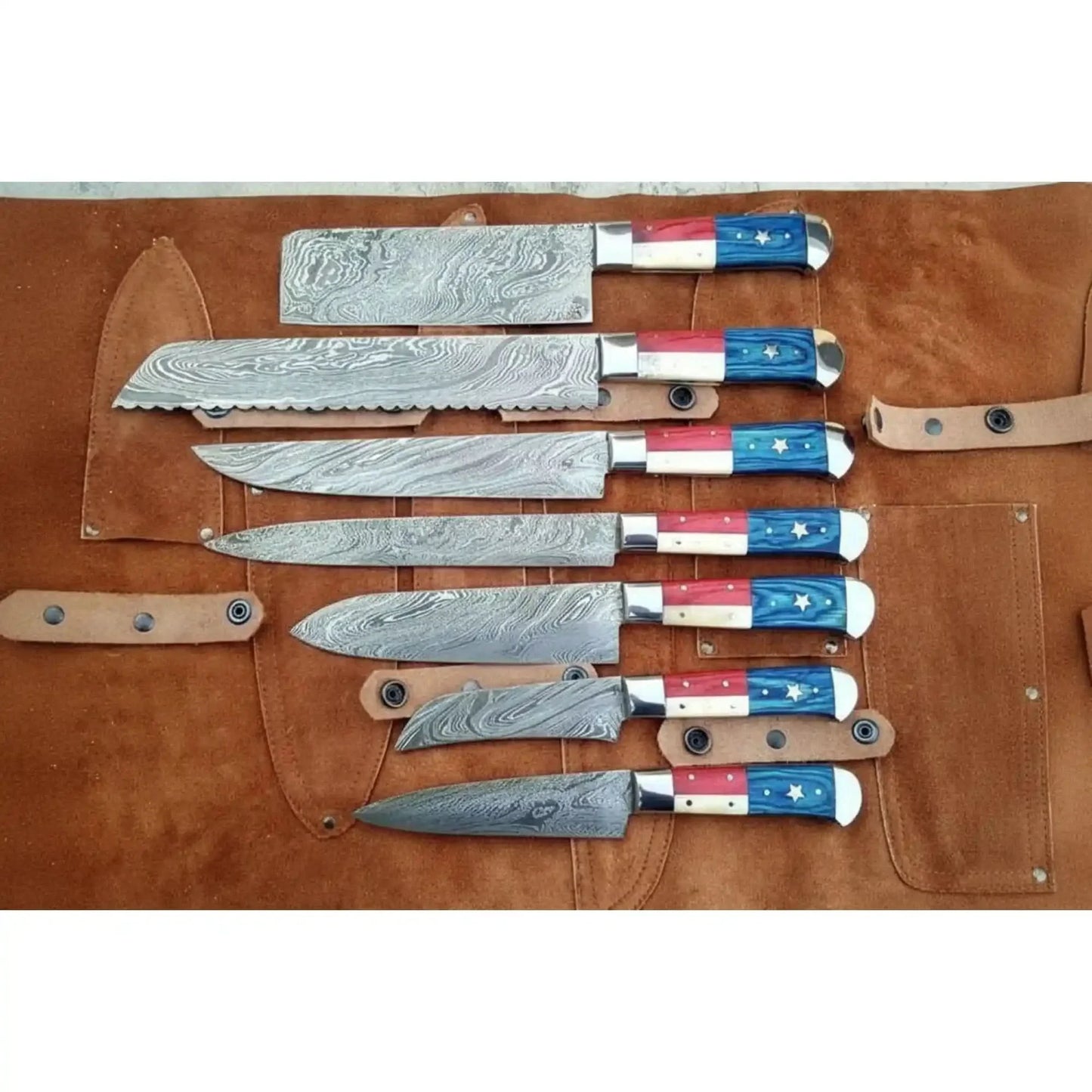 8-Piece Texas Flag Damascus Knife Set with Cleaver, Bread Knife & More, 8 to 13 Inch Blades | JW Steel Crafts