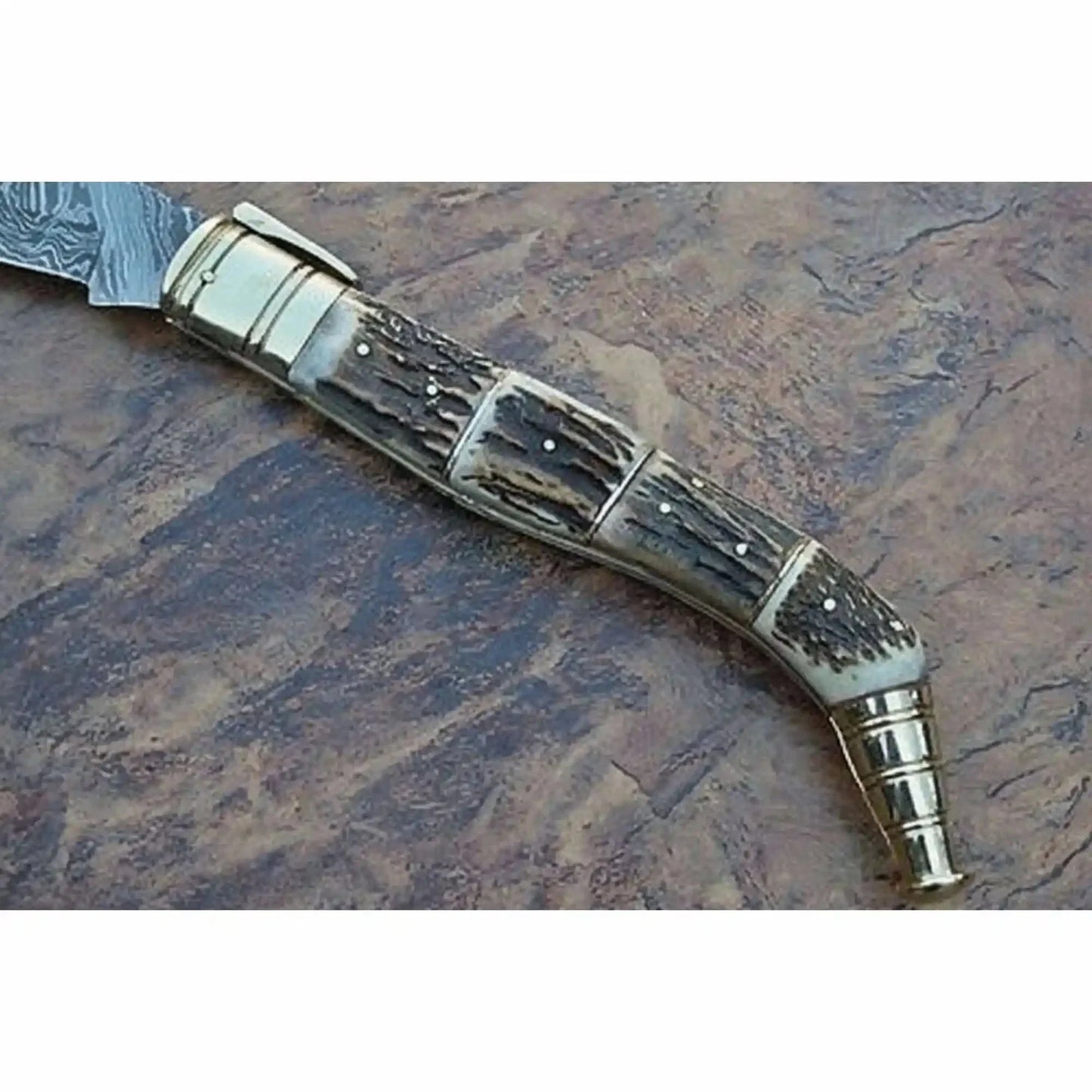 Handcrafted Damascus Steel Big Folding Knife with Genuine Antler Stag Horn Handle