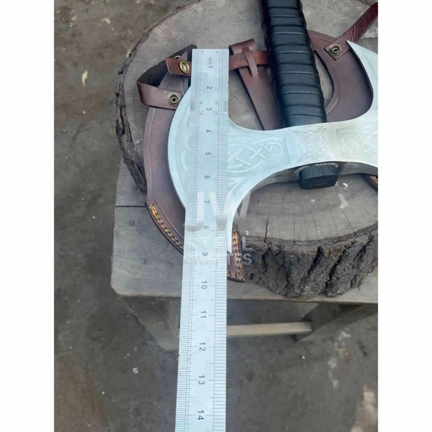 Hand Forged Double-Headed Viking Axe with Nordic Knotwork Engravings and Cord-Wrapped Handle