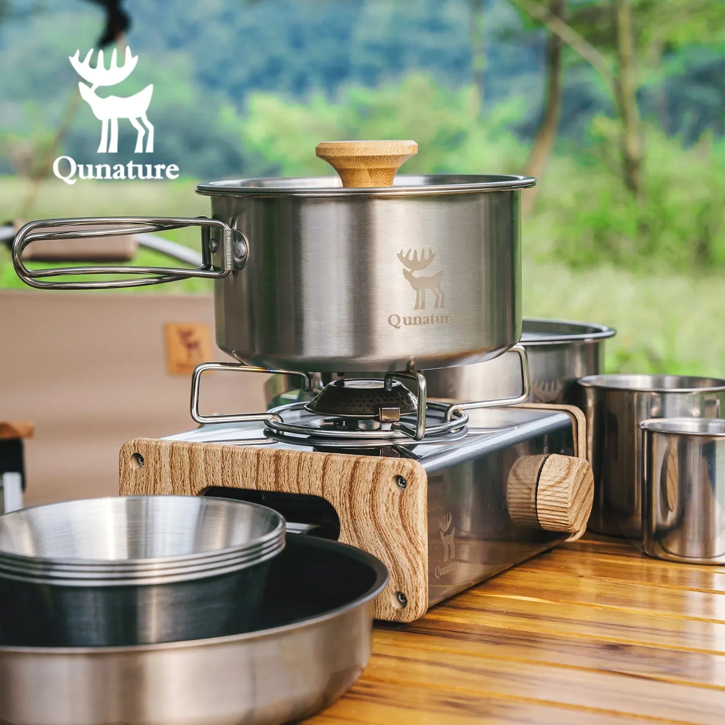304 Stainless Steel 5-Piece Camping Cookware Set with Teflon Coating
