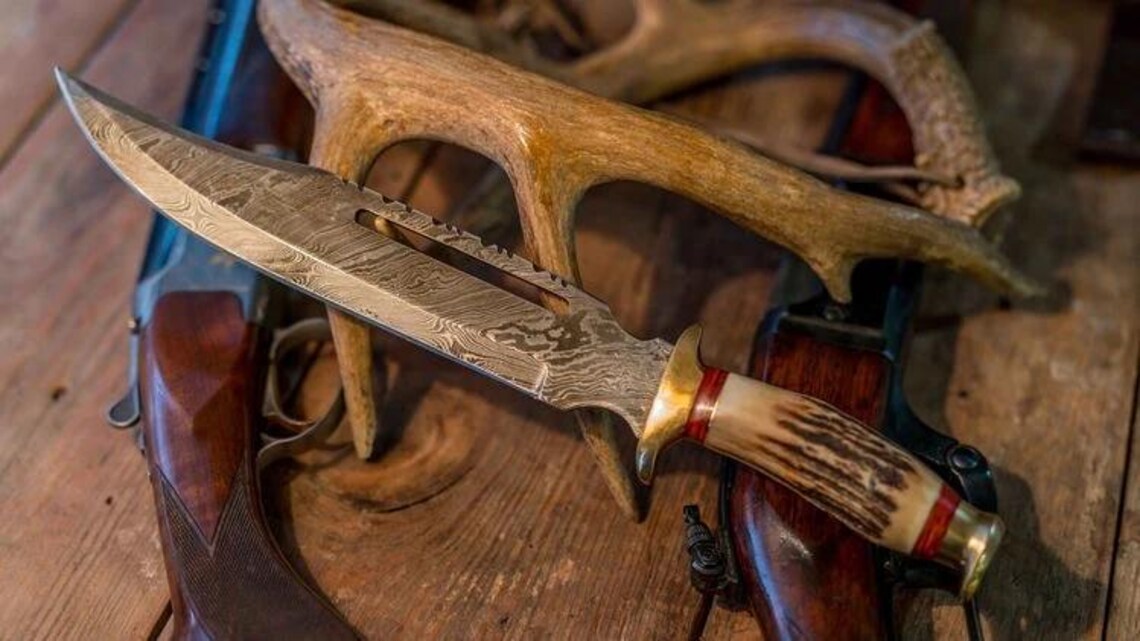 Damascus Steel Vintage Bowie Knife – 13" with Brass Guard & Stag Horn Handle, Comes with Leather Sheath
