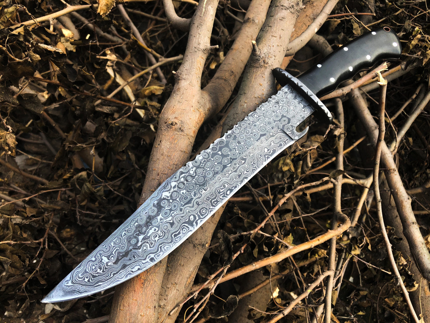 "Best Hunting Big Bowie Knife | Full Tang Raindrop Damascus Blade | Canvas Micarta & Damascus Guard Handle | 17 Inches | Leather Sheath | KBS Knives Store"