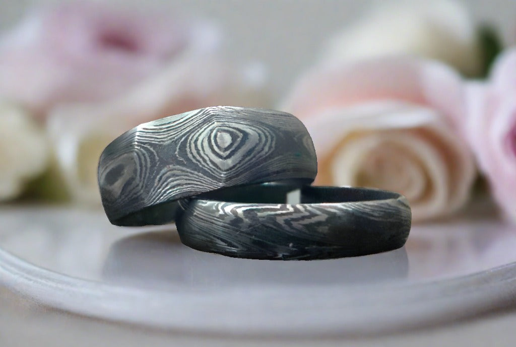 Custom Damascus Steel Anniversary Rings