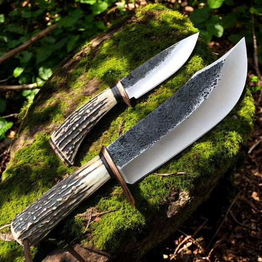 Handmade Hunter's Knife Set – 8" & 4.25" 1095 Steel Blades with Antler Handles