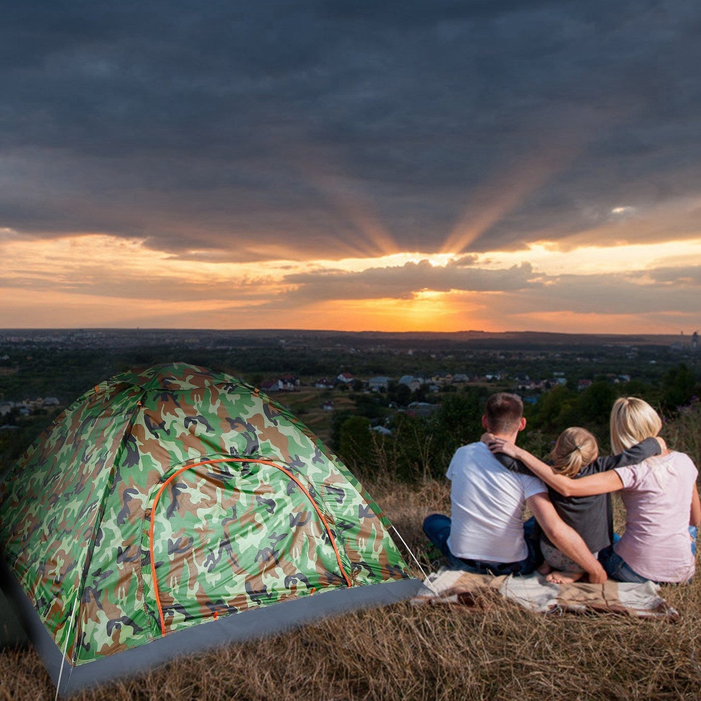 4 Persons Camping Waterproof Tent Pop Up Tent Instant Setup Tent w/2 Mosquito Net Doors Carrying Bag Folding 4 Seasons for Hiking Climbing Adventure F