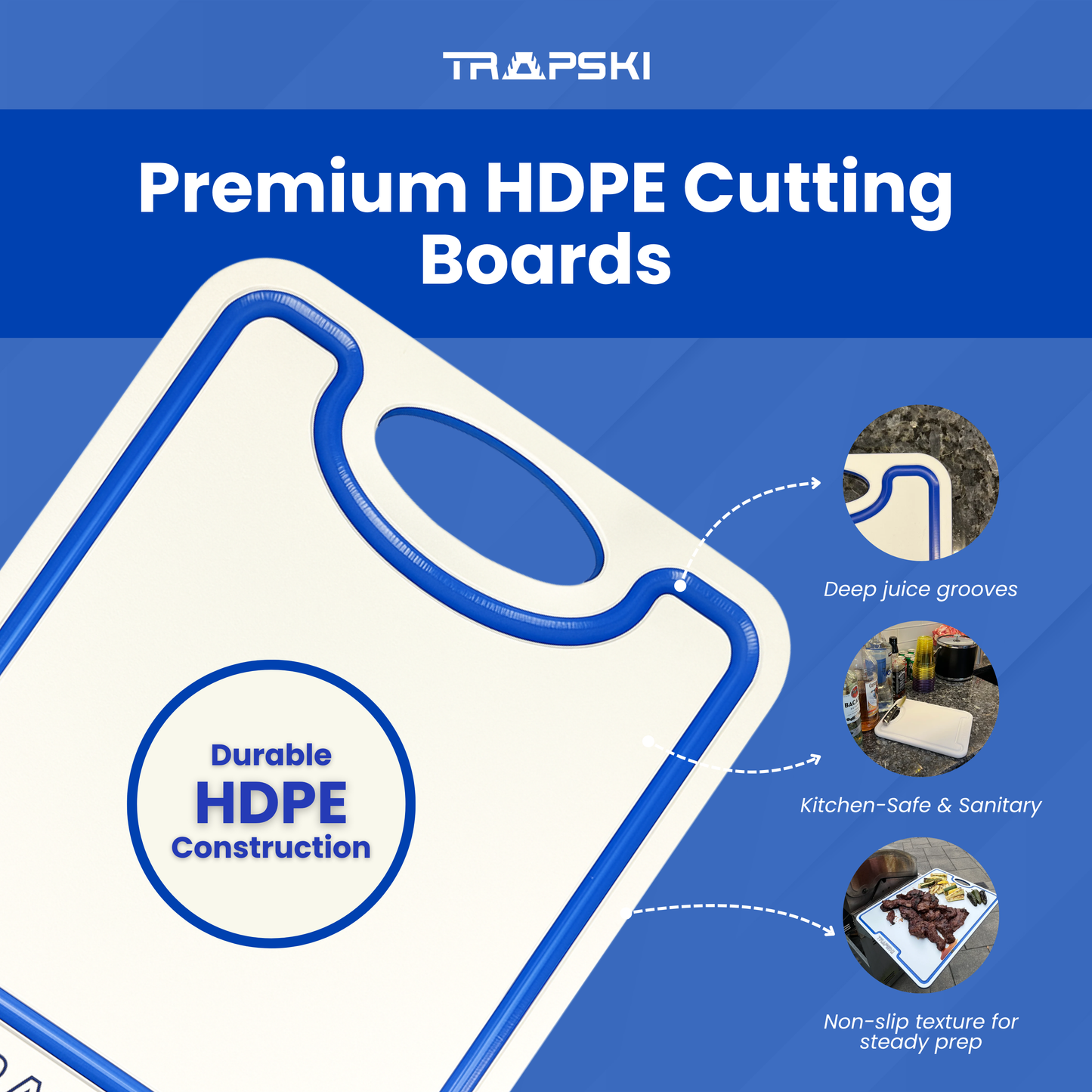 TRAPSKI Premium 1/2 Inch Thick HDPE Cutting Boards | Food-Grade Kitchen Prep Surface | Juice Grooves | Made in the USA