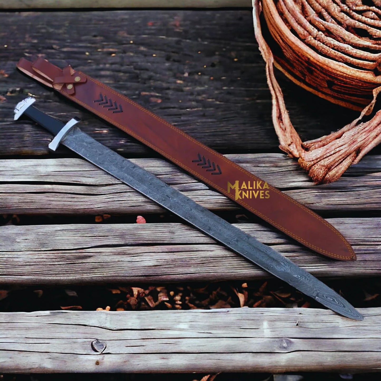 Custom Damascus Viking Sword With SS Pummel & Guard-902