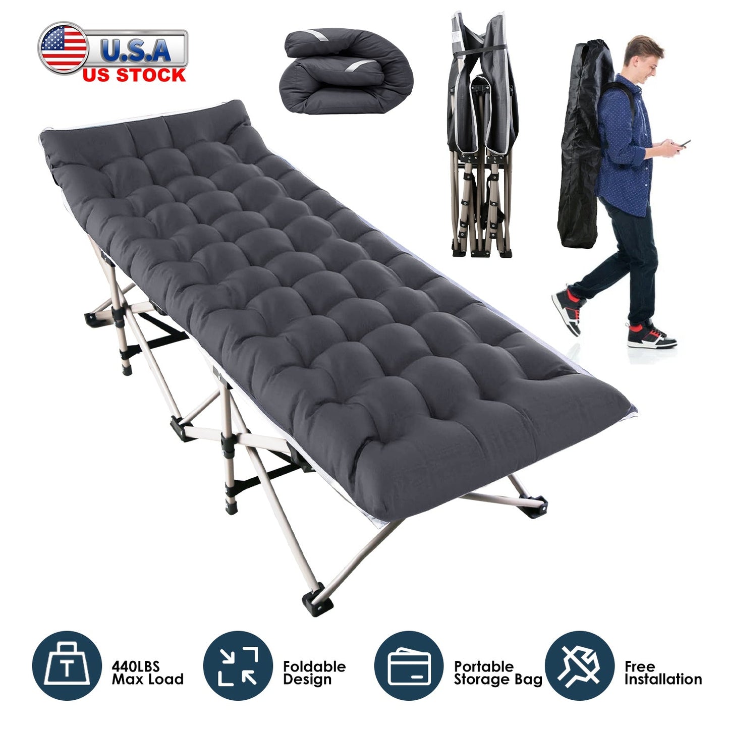 Folding Camping Cot Portable Sleeping Camping Bed Collapsible Travel Camp Cots Guest Bed Cot with 2-Sided Soft Pad 440LBS Max Load