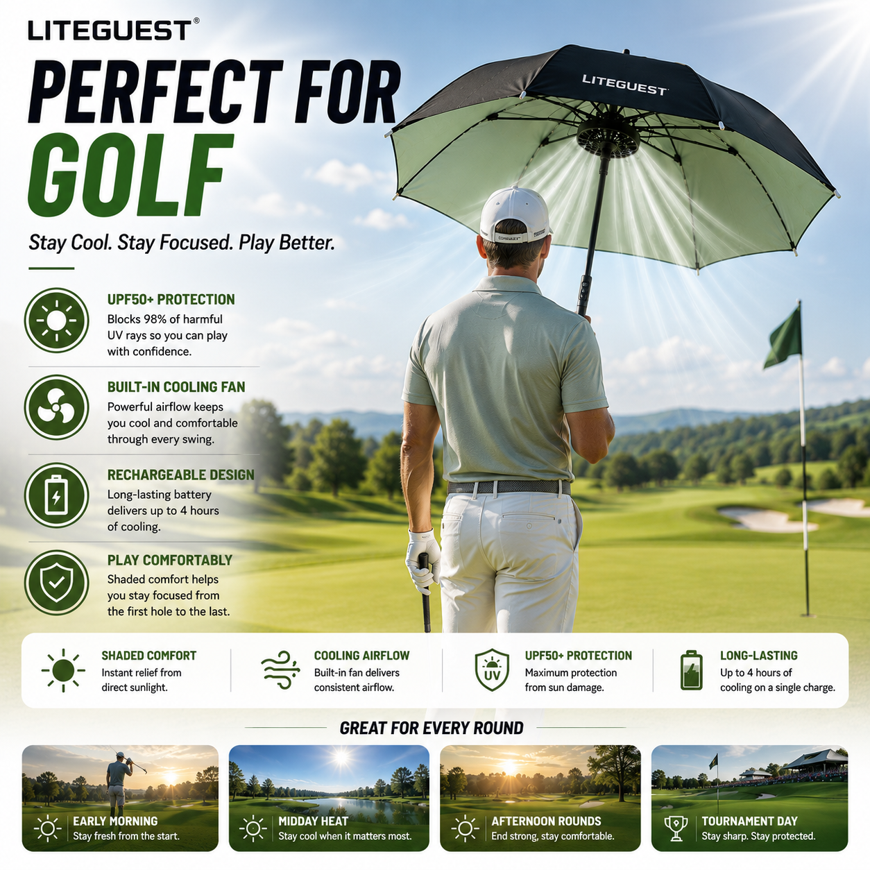 LITEGUEST Cooling Fan Umbrella | Mist Spray & UPF50+ Protection