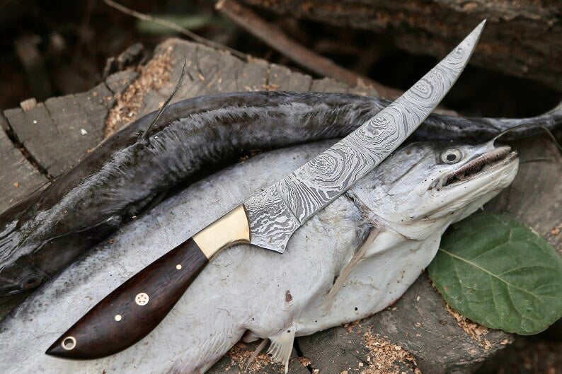 Damascus Fillet Knife – 13" Rosewood Handle & Leather Sheath