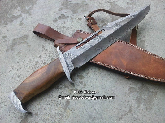 Rambo Knife – Handmade 17" Damascus Steel Blade with Blood Groove & Rosewood Handle