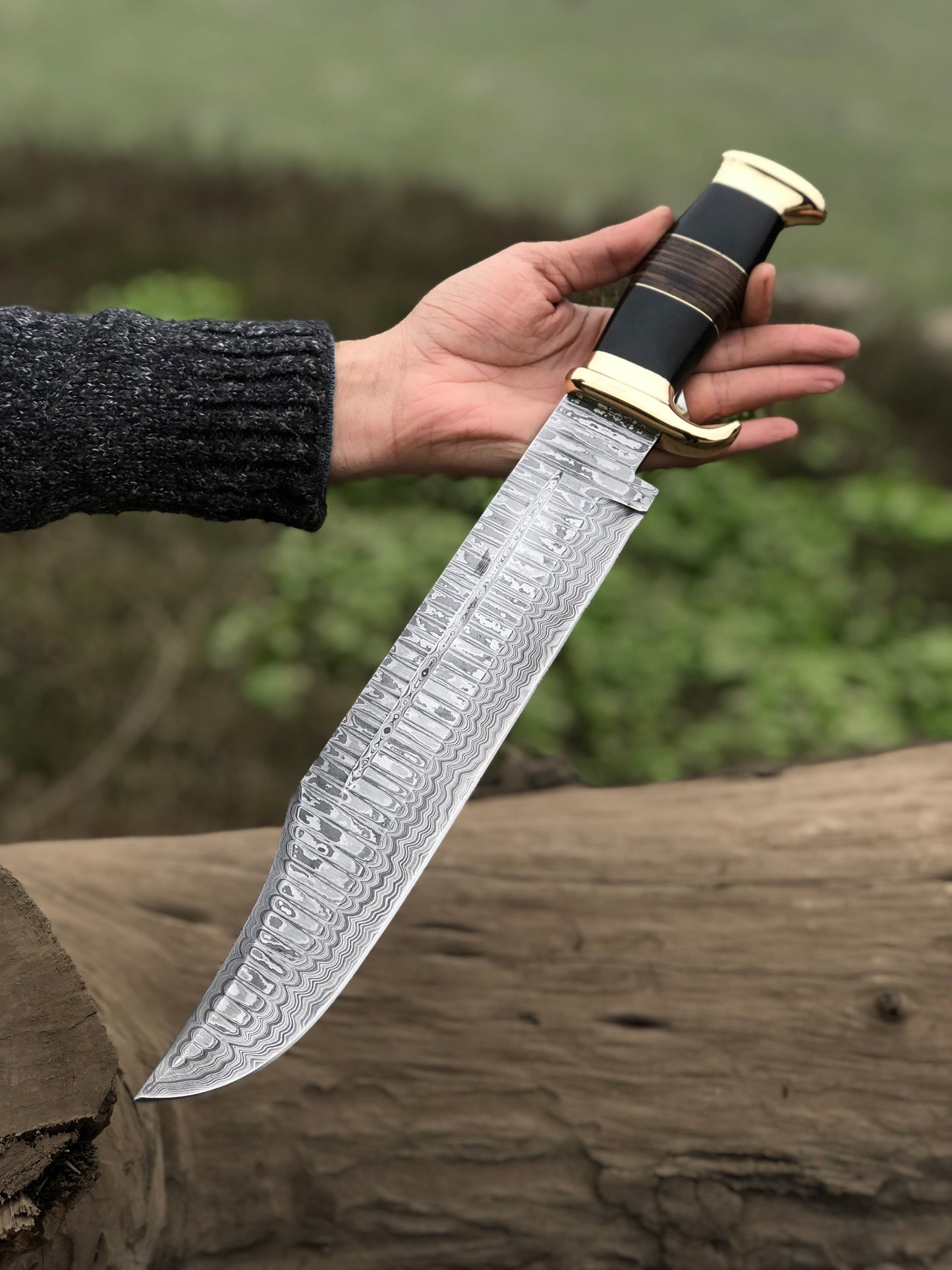Authentic Crocodile Dundee Knife – 16” Handmade Damascus Steel Blade with Buffalo Horn or Leather Handle & Brass Guard + Leather Sheath
