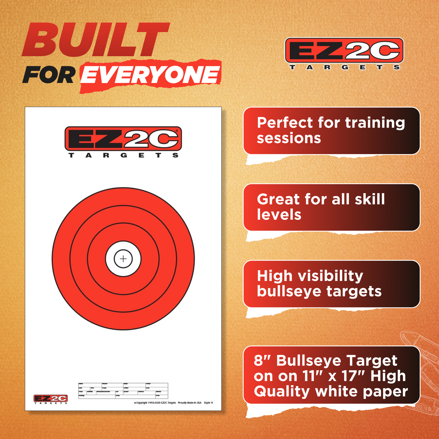 EZ2C Targets Style 9: 8" Bullseye Paper Shooting Target 11"x17" USA MADE Hi-Viz
