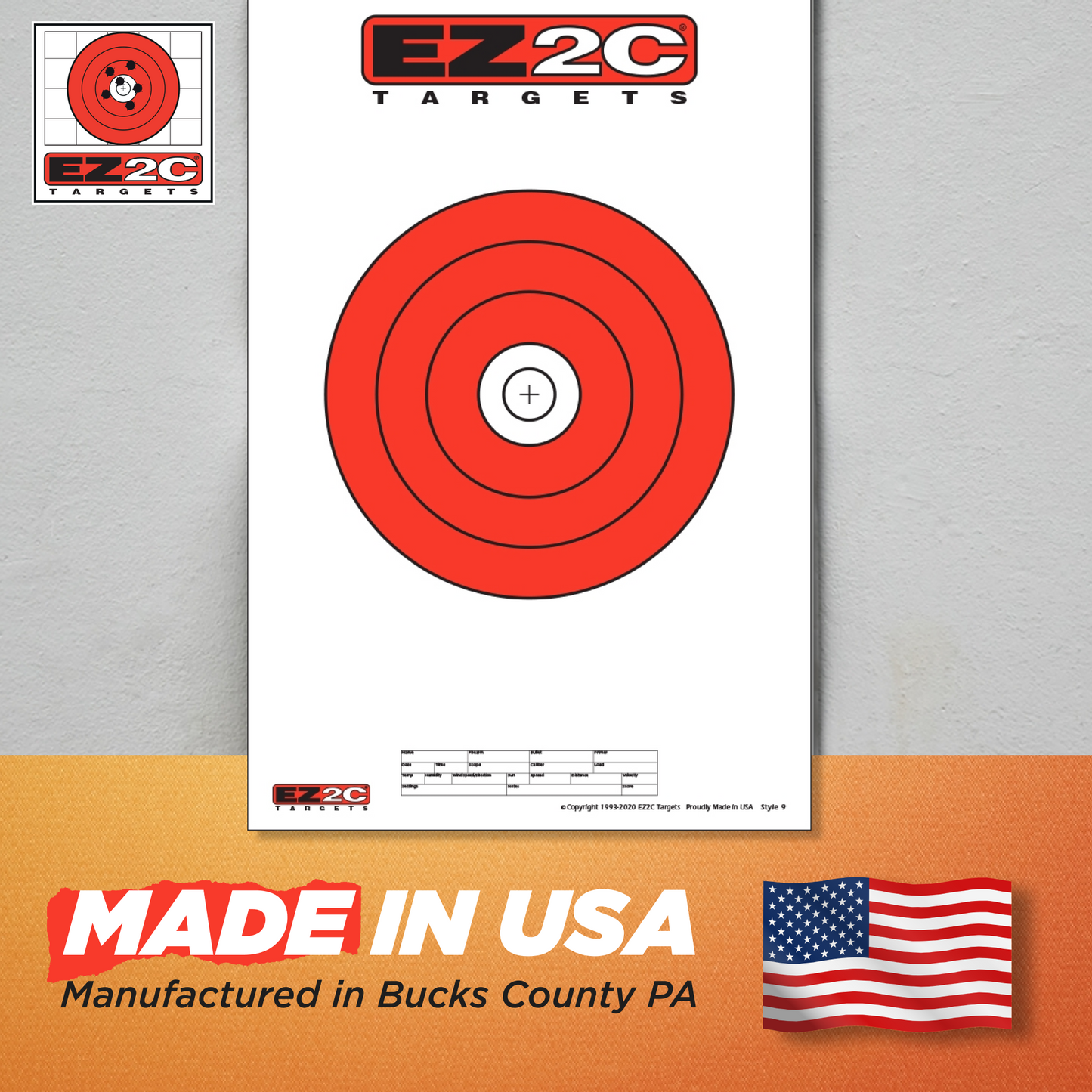 EZ2C Targets Style 9: 8" Bullseye Paper Shooting Target 11"x17" USA MADE Hi-Viz