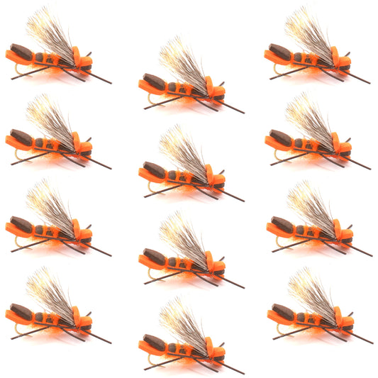 Orange Godzilla Hopper - Foam Grasshopper or Adult Salmonfly Fly Pattern - 1 Dozen Flies Hook Size 10