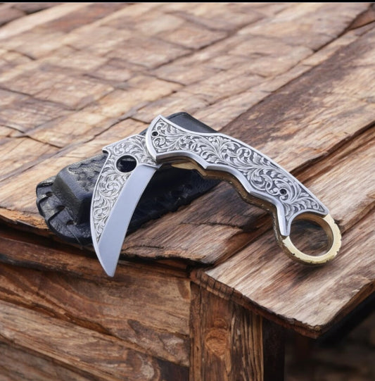 Hand-Engraved J2 Steel Folding Knife with Leather Case - 7.5" Overall Length