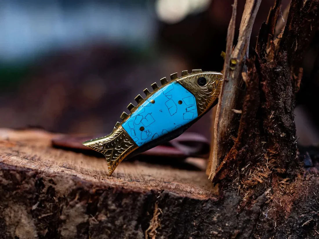 Custom Handmade Fish Style Damascus Steel Folding Knife with Epoxy Resin Handle & Brass Accents - Includes Leather Sheath