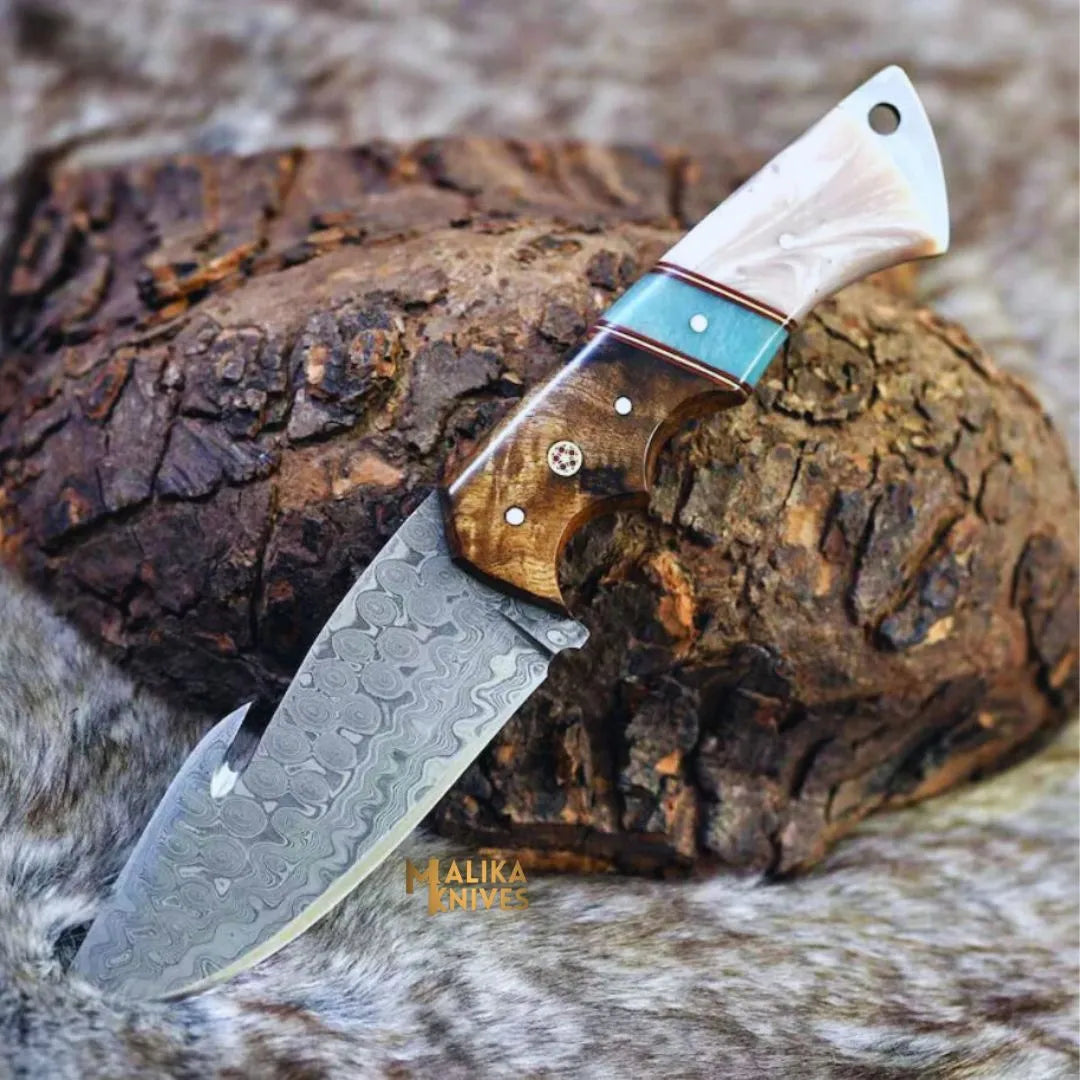 Raindrop Damascus GutHook Hunting Knife | Wood & Resin handle-0344