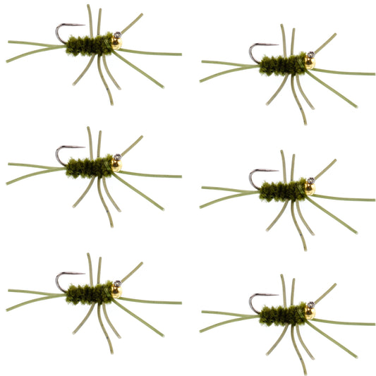 Barbless Pat's Rubber Legs Tungsten Bead Jigged Dark Olive Euro Nymph  - Set of 6 Flies Hook Size 10
