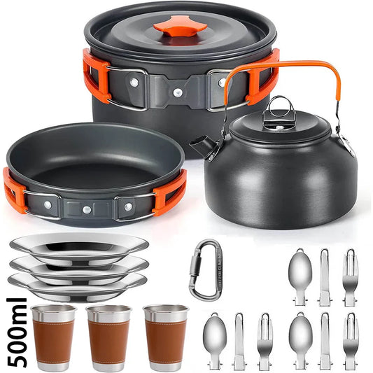Complete Camping Kitchen Cookware Tableware & Teapot for 2-3