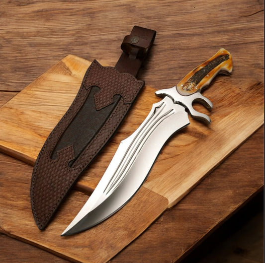Texan Best Bowie Knife – 16" J2 Steel Blade with Camel Bone Handle & Leather Case | Fall Hunting Edition