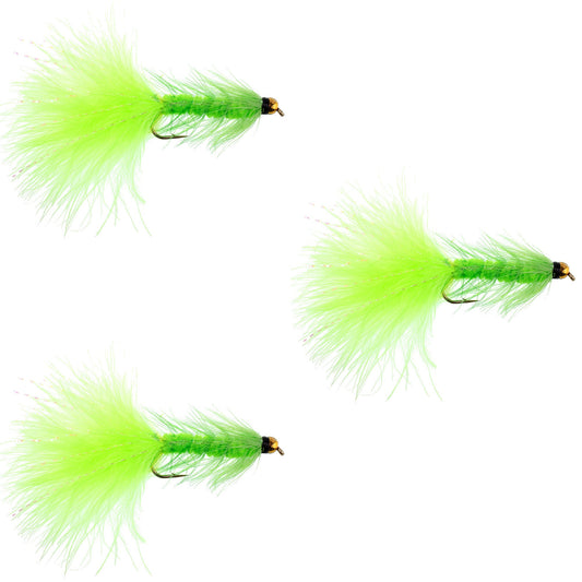 3 Pack Chartreuse Bead Head Crystal Woolly Bugger Classic Streamer Fly -  Hook Size 4