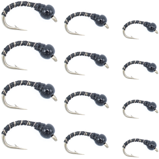 Black Zebra Midge Assortment - Black Bead Head - 1 Dozen - 4 Each of 3 Sizes 14, 16, 18 - Tailwater and Lake Fly Fishing Flies Assortment