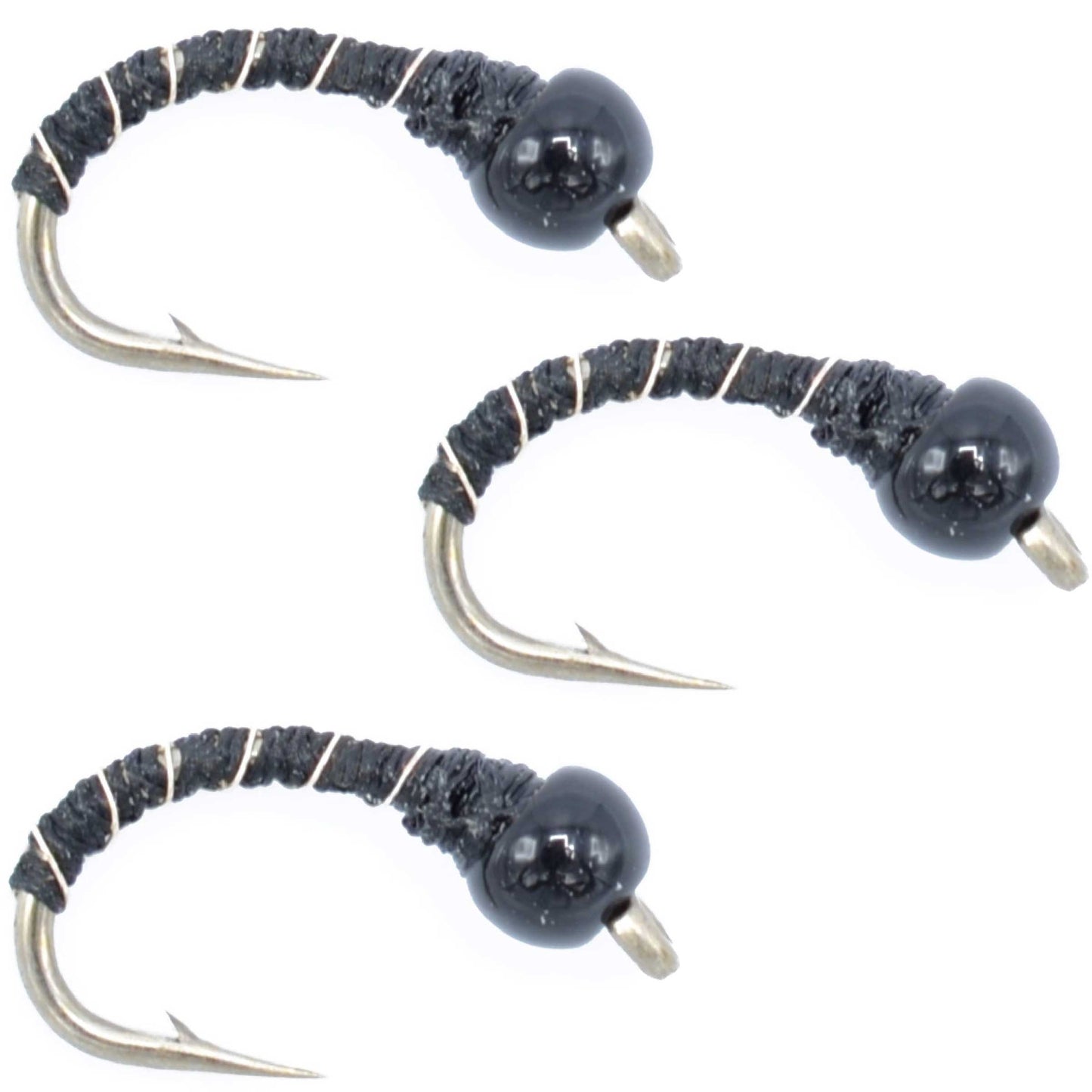 3 Pack Bead Head Black Zebra Midge Still Water Nymph Fly Hook Size 22