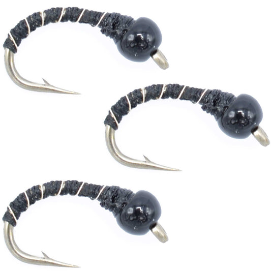 3 Pack Bead Head Black Zebra Midge Still Water Nymph Fly Fishing Fly Hook Size 16
