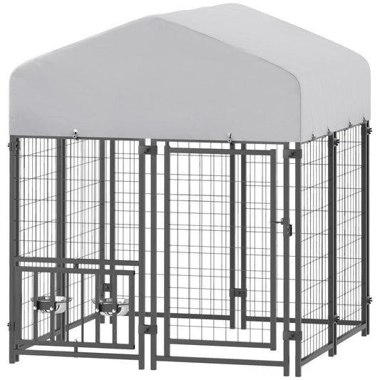 Welded Wire Dog Kennel with 360 Rotating & 4 Levels Adjustable Bowls, Waterproof Cover, 3.9 X 3.9 X 4.5