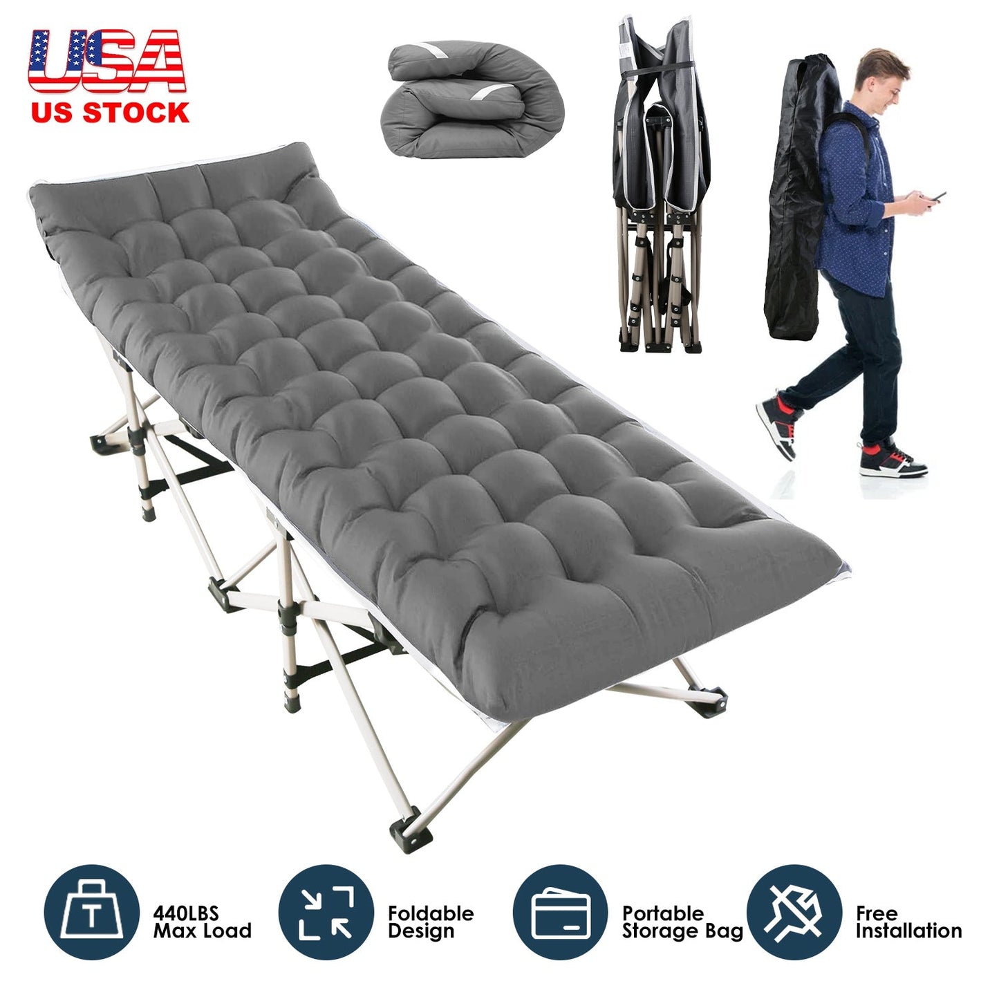 Folding Camping Cot Portable Sleeping Camping Bed Collapsible Travel Camp Cots Guest Bed Cot with 2-Sided Soft Pad 440LBS Max Load
