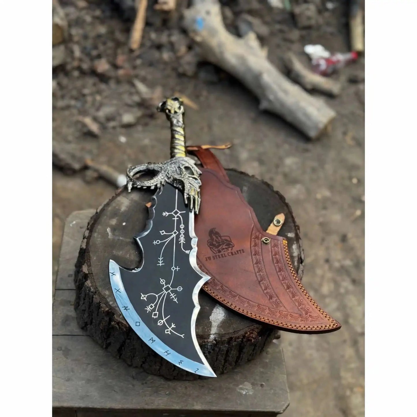 Chaos Inspired Recurve Bowie Knife with Rune Engraving and Dragon Guard