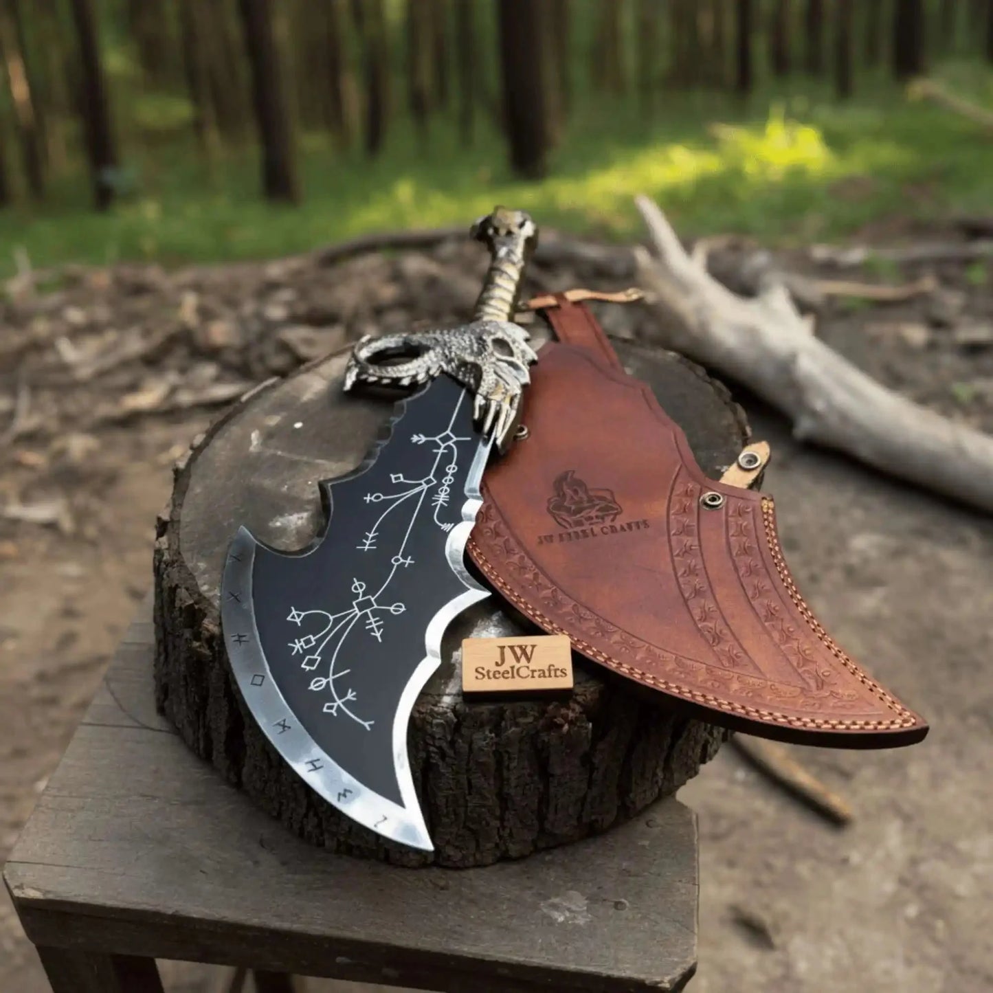 Chaos Inspired Recurve Bowie Knife with Rune Engraving and Dragon Guard
