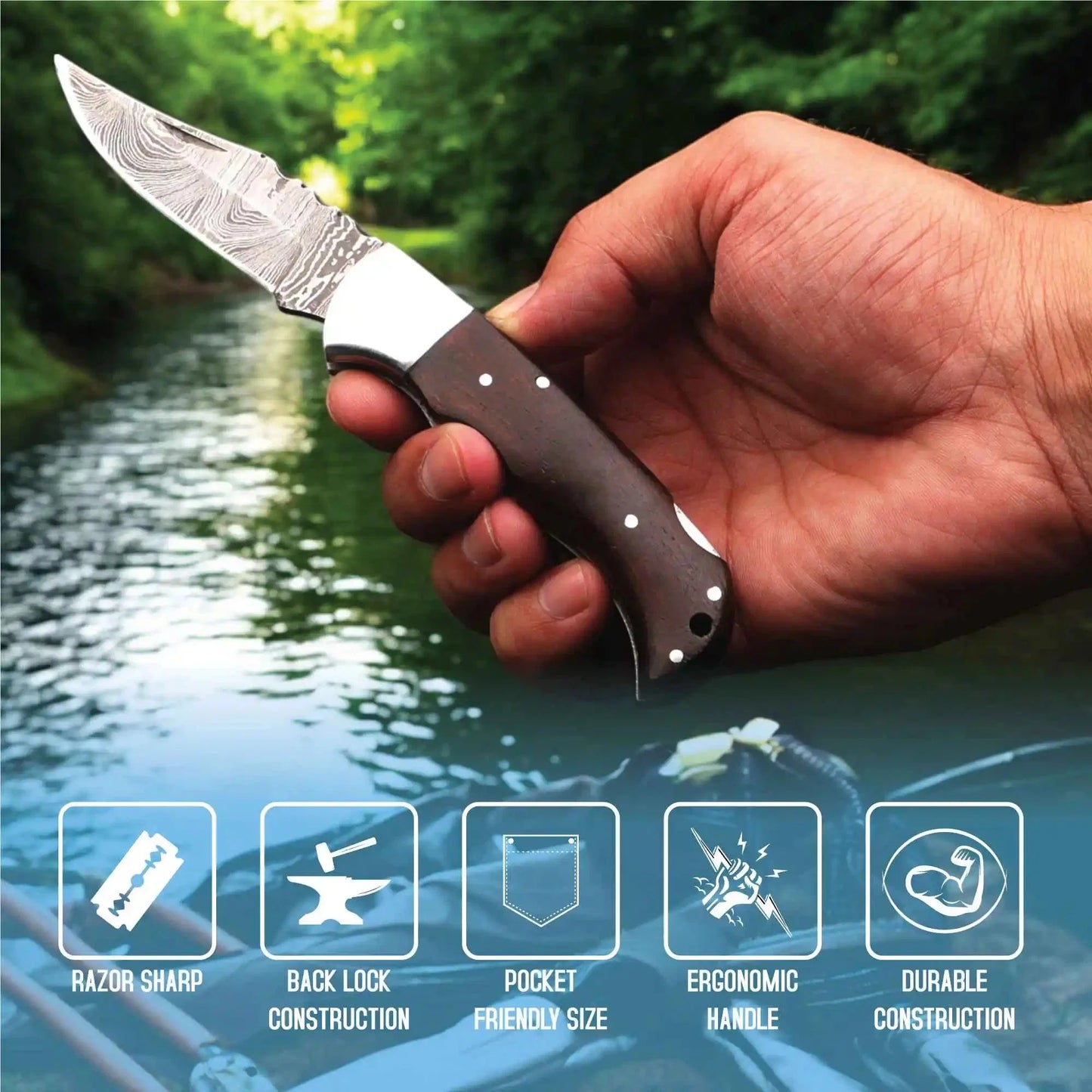 Damascus Folding Knife | Rosewood Handle Lockback | Pocket EDC Knife