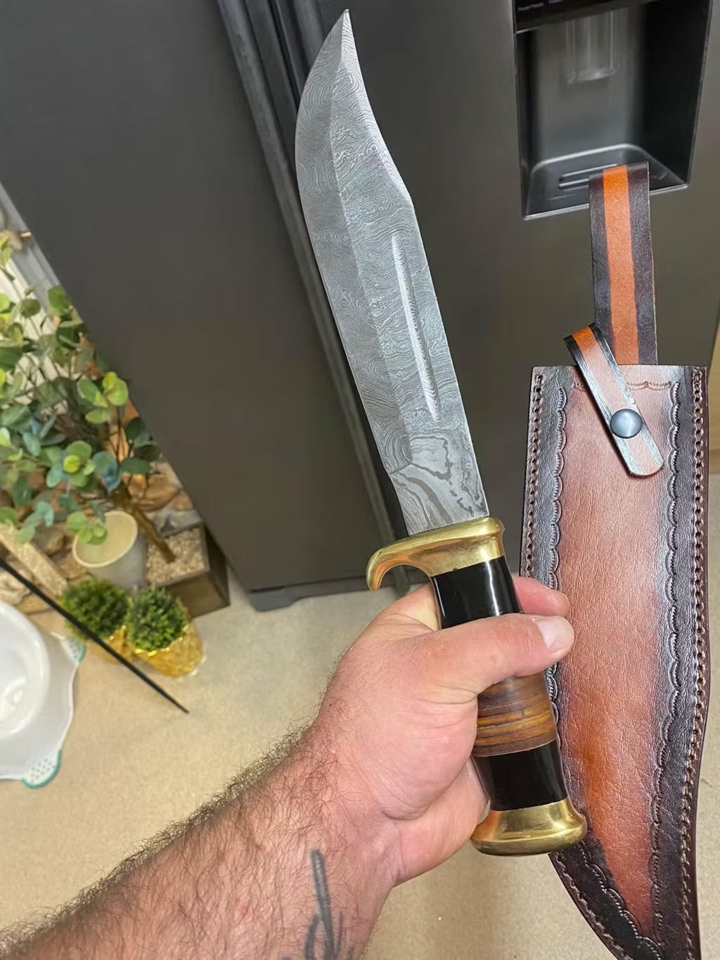Damascus Steel Crocodile Dundee Knife – 16"  Custom Handmade with Blood Groove & Stacked Leather Handle