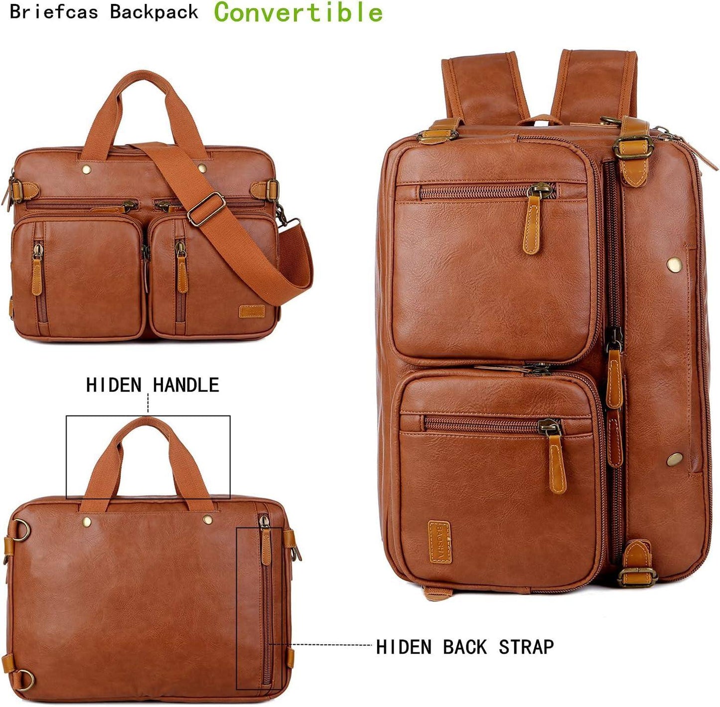 3-in-1 Vegan Leather Briefcase Backpack Hybrid – Convertible 17″ Laptop Bag (Red Lining)
