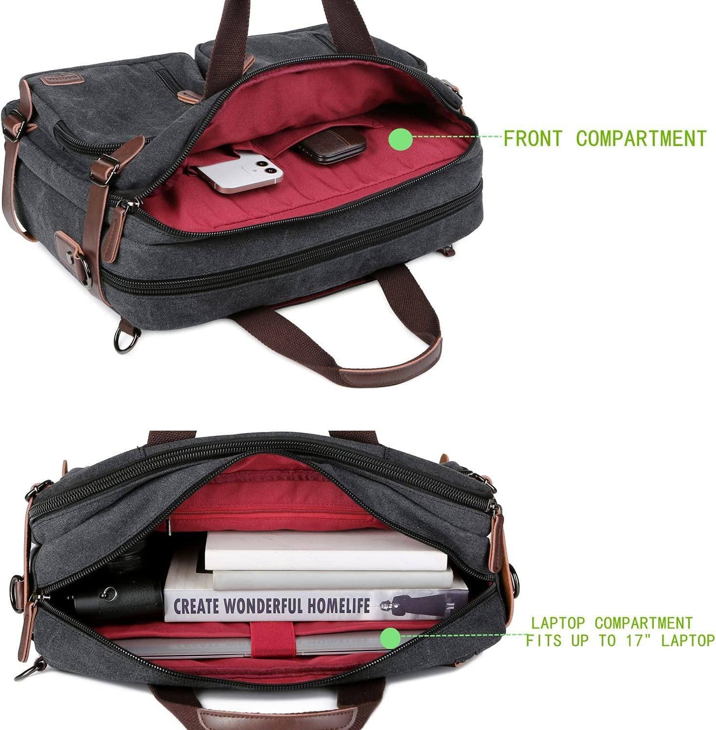 Convertible Briefcase Backpack – 3-in-1 Laptop Bag (17″) with Red Lining