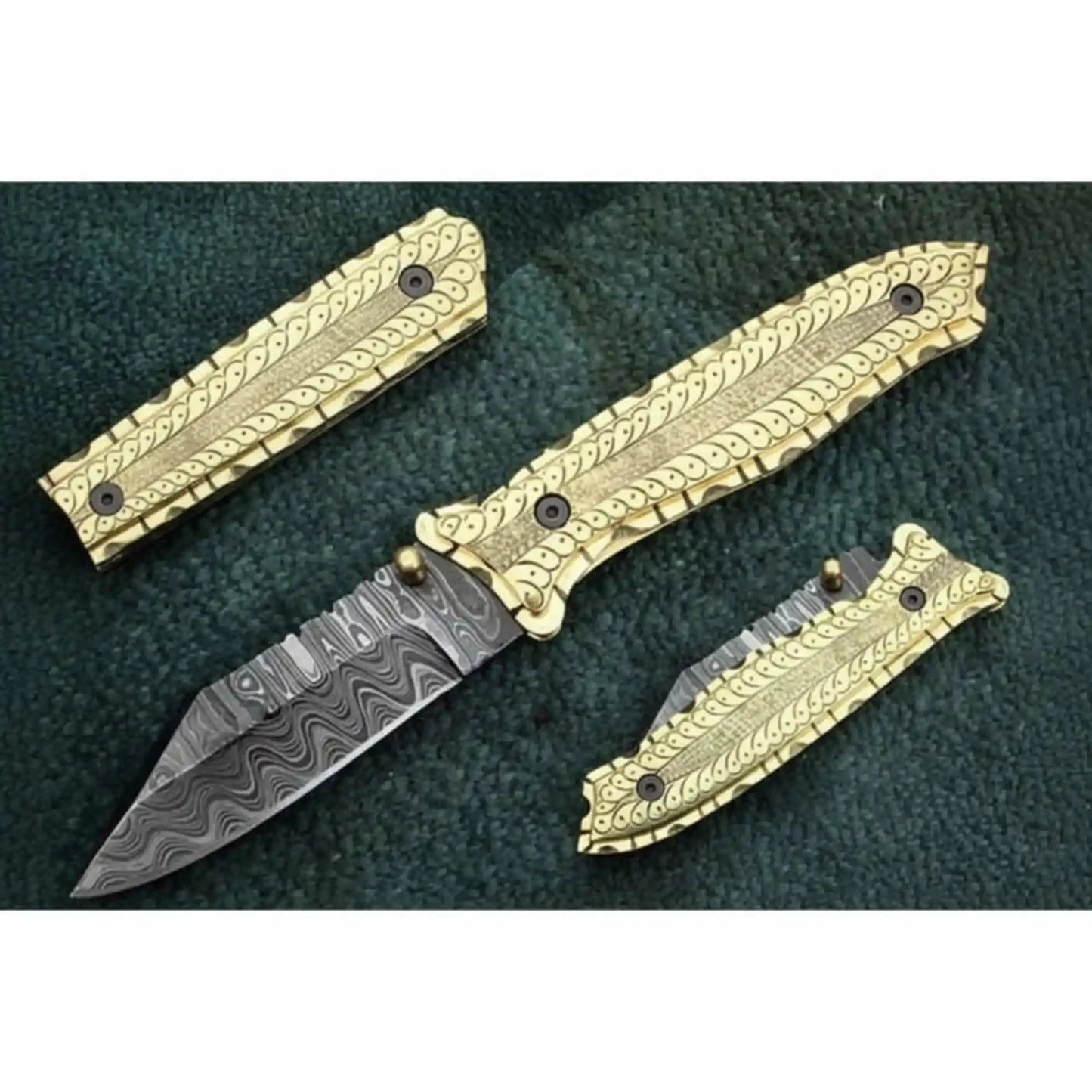 Hand-Engraved Damascus Folding Knife with Brass Handle & Leather Sheath