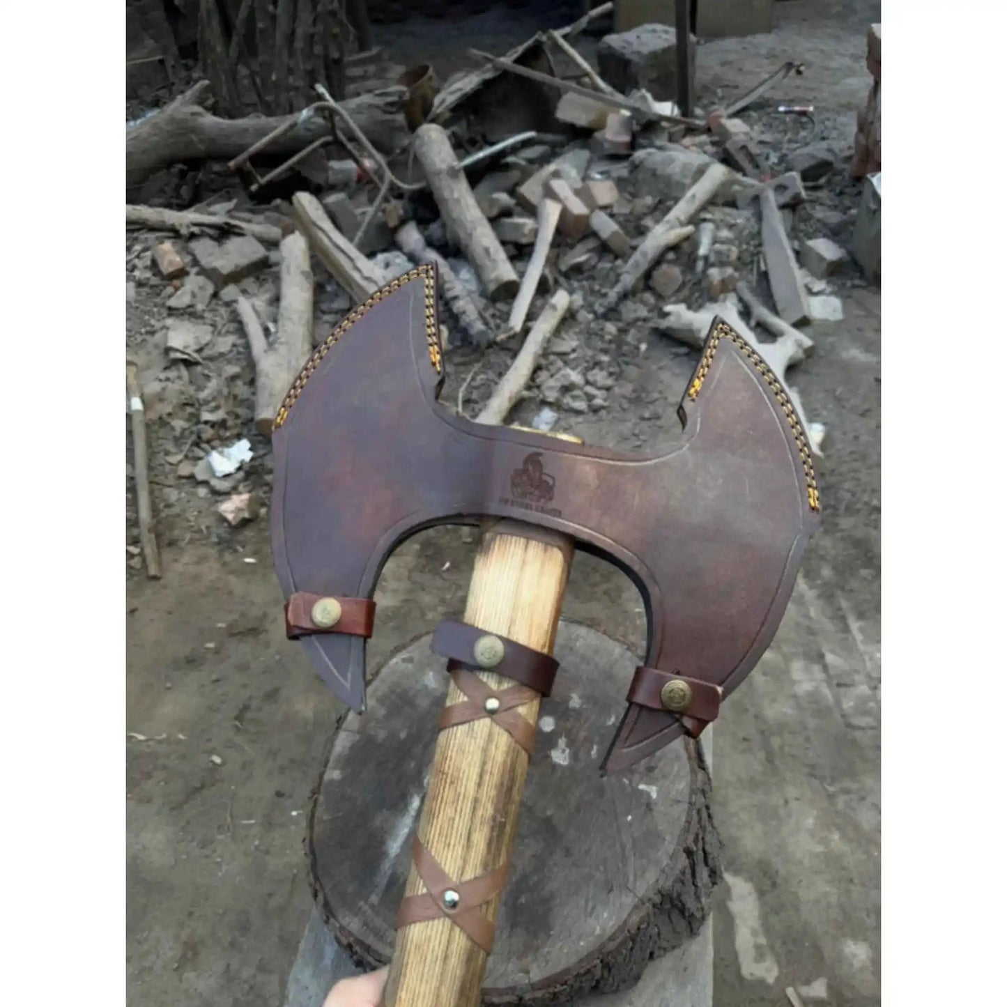 Handcrafted Double-Head Decorative Axe with Wooden Handle – JW SteelCrafts