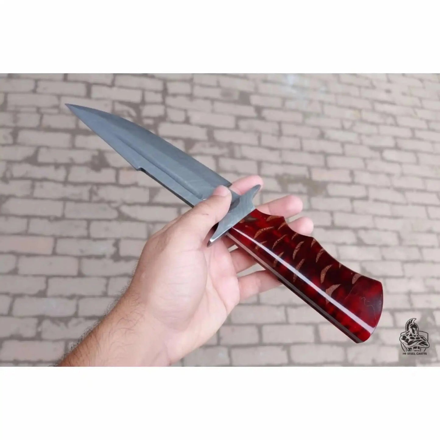 Handmade Coffin Handle Clip Point Bowie Knife Damascus Steel Blade Red Resin Handle Custom Fixed Blade JW SteelCrafts