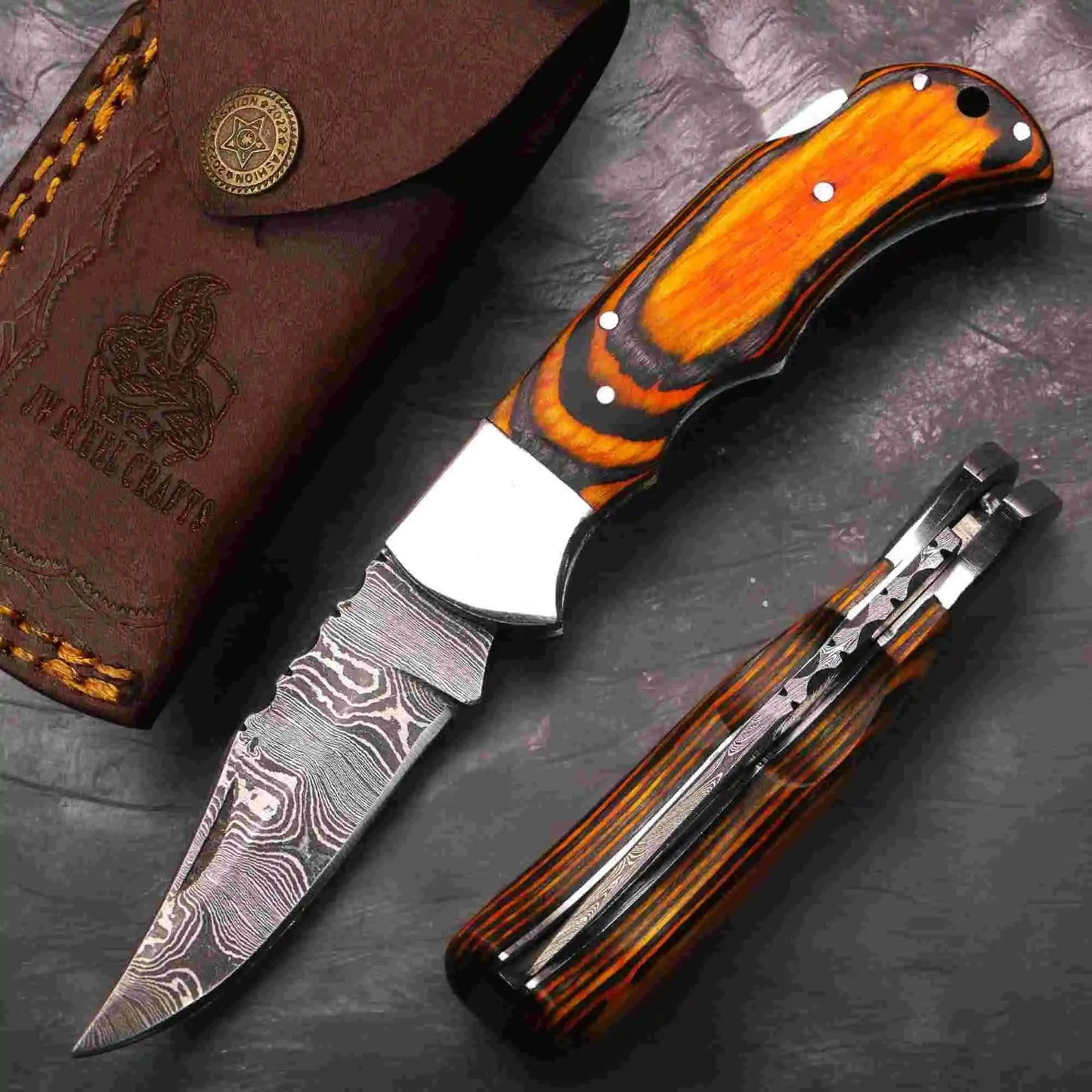 Handmade Damascus Folding Knife – Pakka Wood Handle (4 Color Variations)