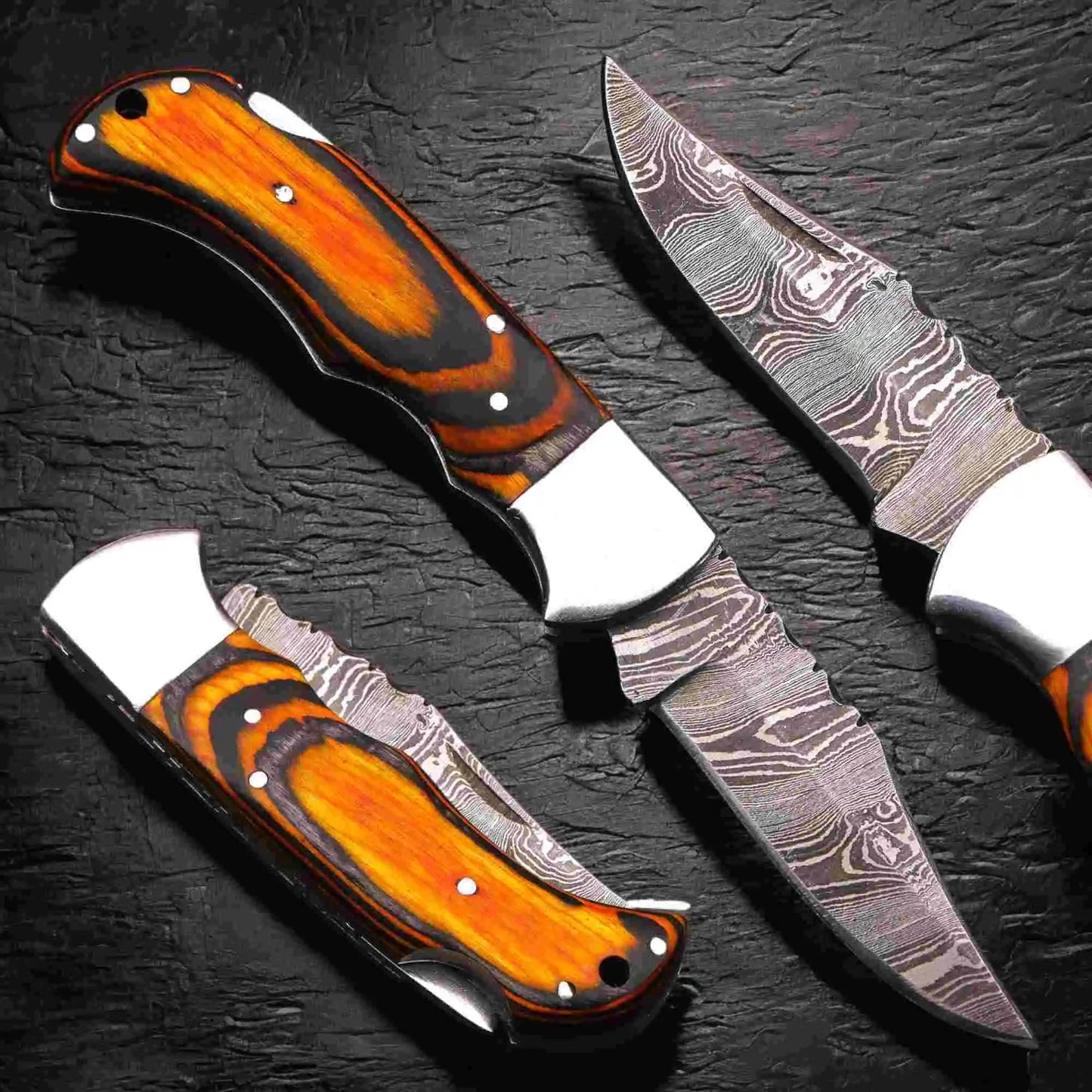 Handmade Damascus Folding Knife – Pakka Wood Handle (4 Color Variations)