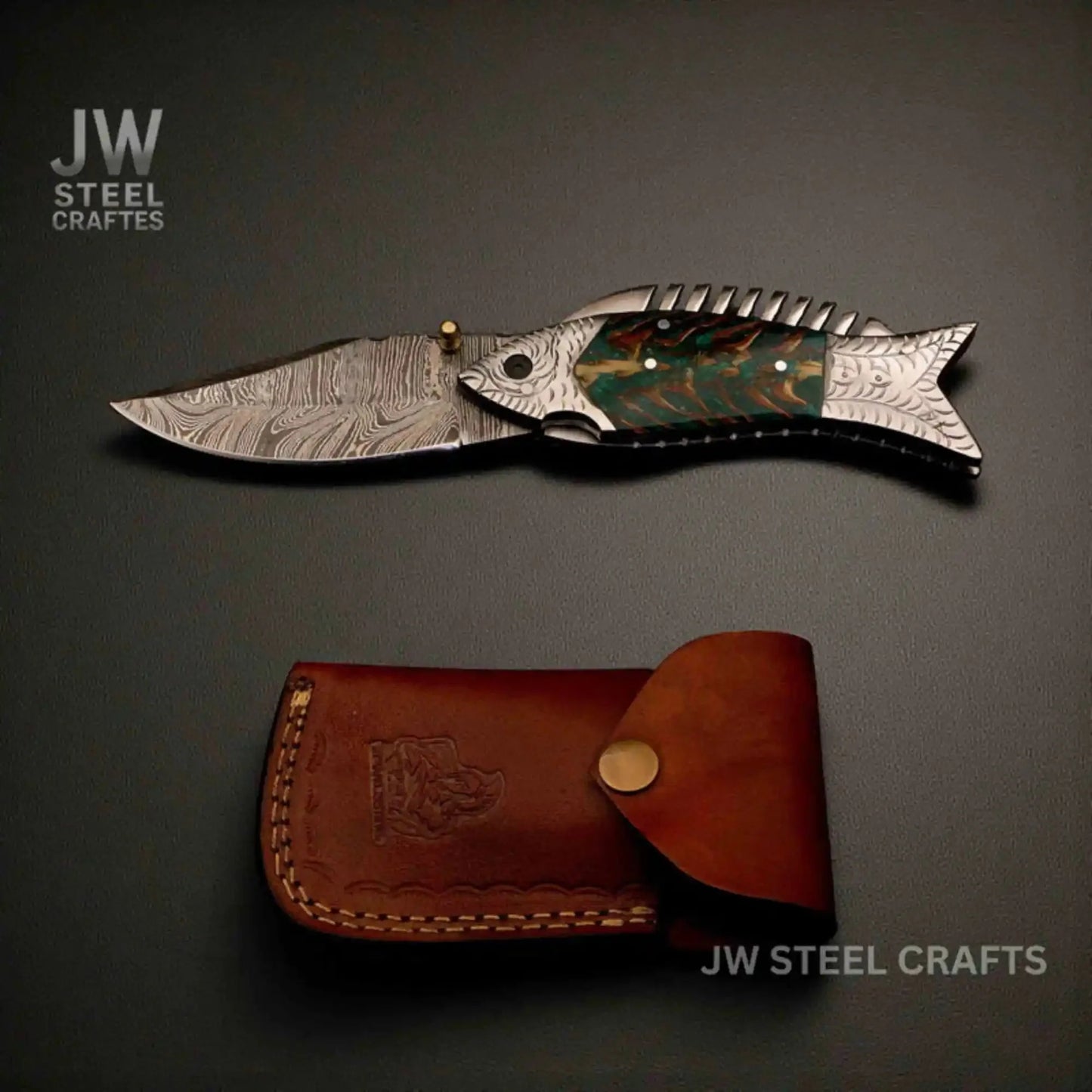 Handmade Damascus Folding Knife with Green Pinecone Resin Handle