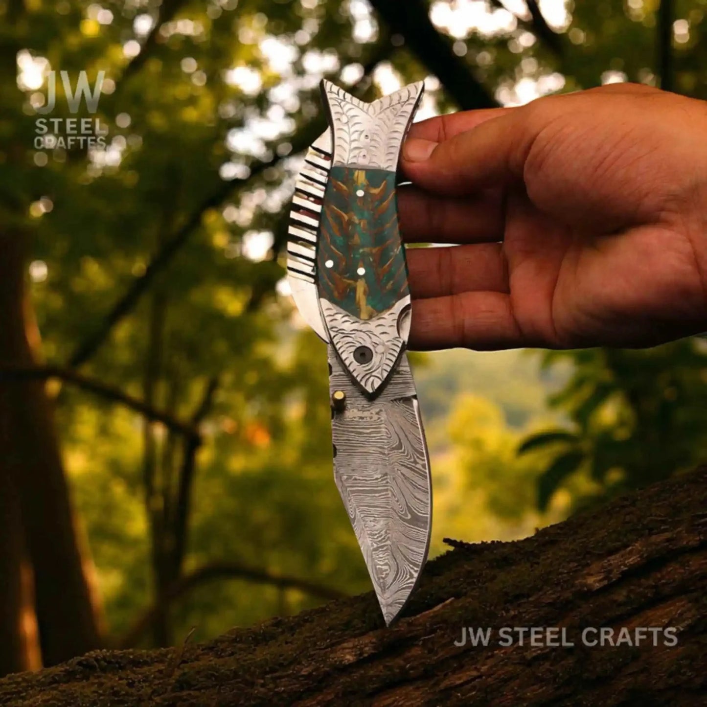Handmade Damascus Folding Knife with Green Pinecone Resin Handle