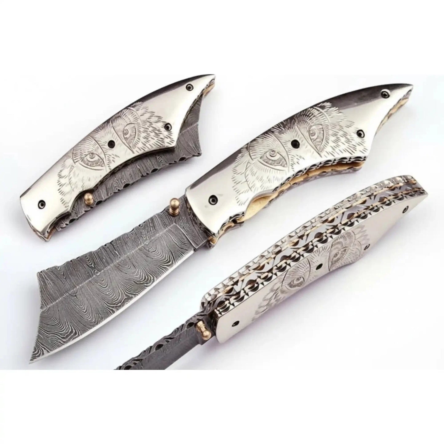Handmade Damascus Folding Knife with Wolf Engraved Bone Handle & Leather Sheath