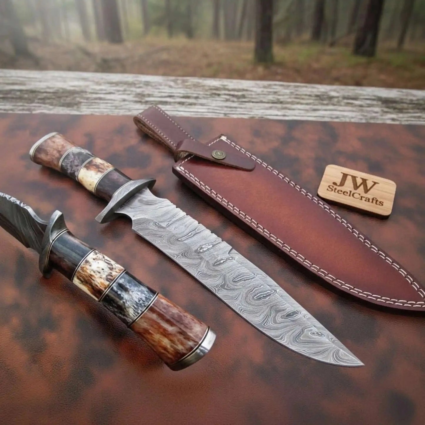 Hand-Forged Damascus Bowie Knife with Coffin Style Stacked Wood Handle