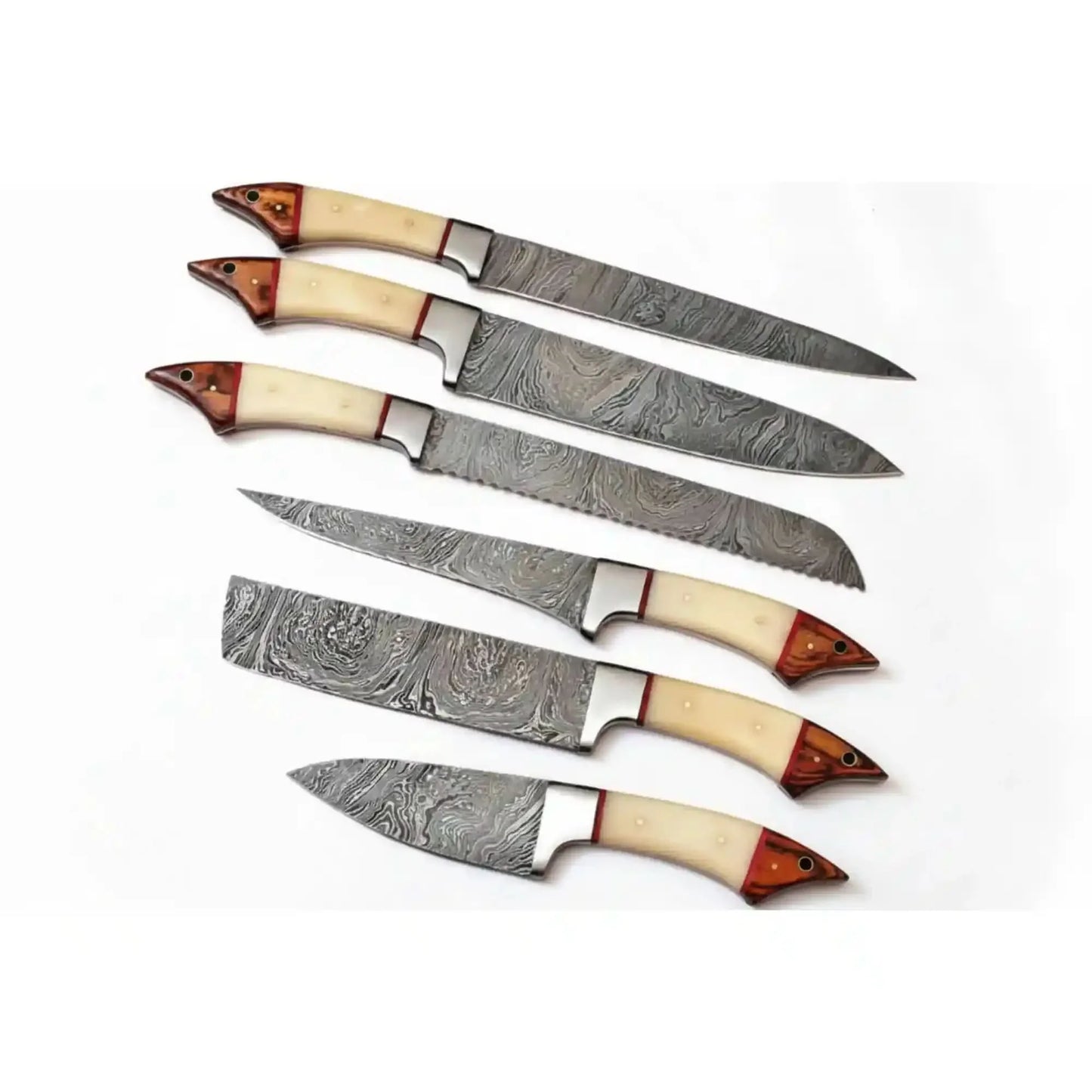 6-Piece Damascus Kitchen Knife Set — Chef, Bread, Fillet, Cleaver & Utility Knives with White Bone and Red Wood Handles, Leather Roll & Sharpener